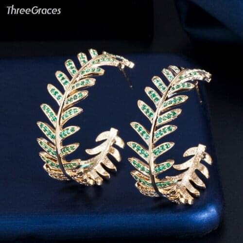 ThreeGraces New Fashion Cubic Zirconia Green Crystal Leaf Big Circle Round Hoop Earrings Female Party Jewelry Accessories ER474