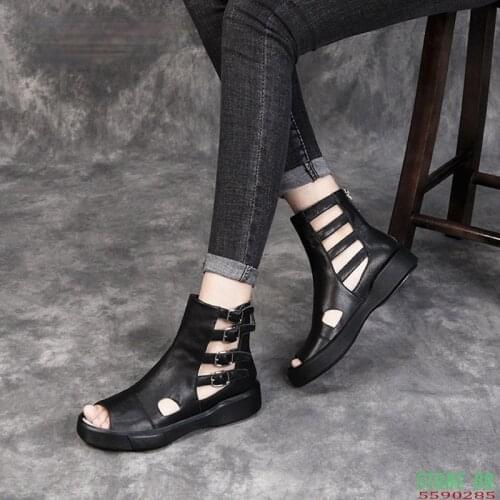 Women Genuine Leather Summer Boots Fashion Buckle Ladies Shoes 2020 Summer Comfortable Women Ankle Boots Flat Shoes