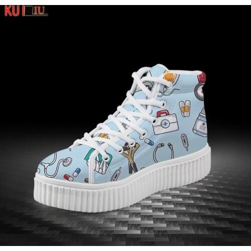 KUILIU Medical Cartoon Graffiti Casual Flat Bottom Shoes Women Free Shipping High Top Platform Shoes Harajuku Canvas Shoe