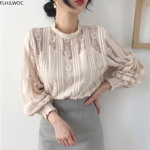2021 New Design Women Spring Basic Wear Elegant Lady Black Hollow Out Lace Vintage Top Blouses O2510