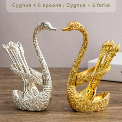 6Pcs Cutlery Set Coffee Tea Spoon Swan Holder Coffee Cake Fruit Salad Dessert Flatware Teaspoon Metal Fruit Cake Fork Decor