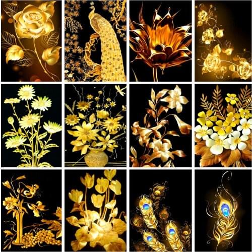 MTEN 5D DIY Diamond Painting Full Drill Diamond Embroidery Gold Flower Peacock Cross Stitch Mosaic Wall Home Decoration