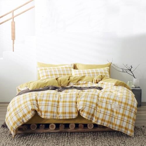 Japanese-Style Non-Printed Cotton Four-Piece Net Red INS Sheet Duvet Cover Small Fresh Plaid Striped Bedding Set