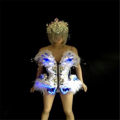 KS38 Party dance led costumes ballroom dj perform dress armor outfits female glowing clothe crystal bodysuit lighted headpiece