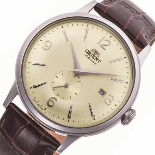 Man automatic watch Orient Bambino RA-AP0003S beige strap leather automatic mens watch champagne dial leather band