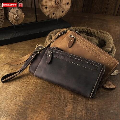 Handmade Crazy Horse Leather Men Long Wallet Retro Distressed Multi-Card Purse Mens Hand Bag Large-capacity Zipper Phone Bags
