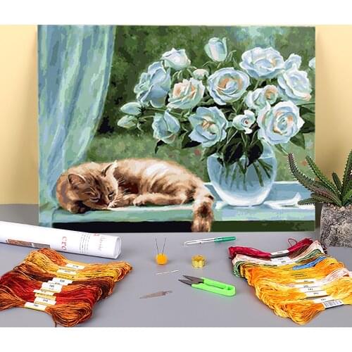 Flower Cats Animal Printed Canvas 11CT Cross Stitch Set DIY Embroidery DMC Threads Craft Needlework Painting Sewing Wholesale
