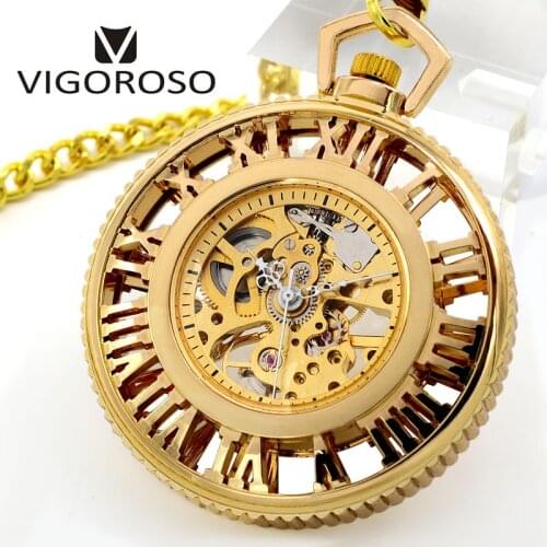 2018 New Fashion Skeleton Mechanical Pocket Watch Gold Steel Steampunk Business Casual Mens Necklace Pocket & Fob Watches Chain