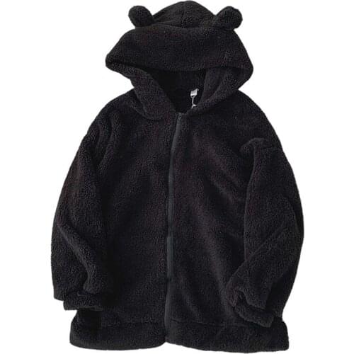 Plush Coat New Winter Flannel Clothing Female Korean Sweet Bear Ear Hat Harajuku Loose Cartoon Anime Hoodies Women Sweatshirt