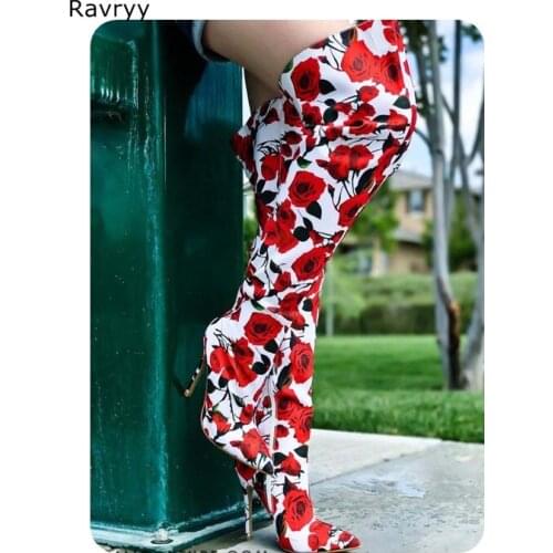 Red Rose Printing Woman Long Boots 2018 Autumn Winter Fashion Female Shoes Woman Over-the-knee Boots Pointed Toe Thin Heel