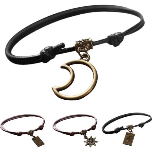Simple Unisex Poker Bell Hollow Moon Charm Adjustable Wax Rope Bracelet Jewelry