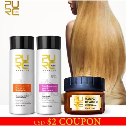 PURC Professional 8% Keratin Hair Treatment+Purifying Shampoo Magic Hair Mask Sets Straightening for Hair Care