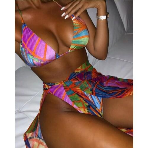 Rarjuiey Women Swimwear Three-piece Bikini Set with Skirt Cover Ups Halter Colorful Print Bra High Waist Thong Summer Clothing