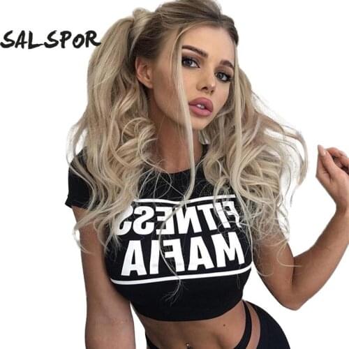 SALSPOR Workout Yoga Tops For Women Letter Printed Slim T-shirt Gym Fitness Running Sports Crop Top Fitness Athletic Vest Femme