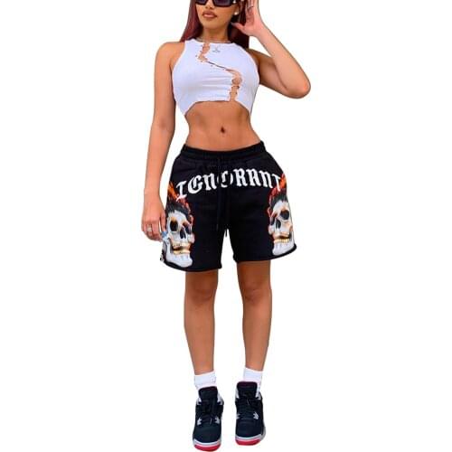 7 Types Women Summer Casual Shorts Fork/Skull/Flame Print Elastic Middle-Waist Loose Short Pants Girls Printed Drawstring Shorts