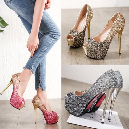 BIG SIZE 39 super High Heels Wedding Party Shoes Women Pumps High Heels 14cm Thick Soles Open peep Toe Sexy Pumps Platform CZ-93