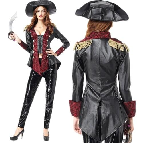 High Quality Sexy Leather Women Halloween Pirate Costume Carnival Cosplay Pirate Captain Costume Stage Performance Costumes