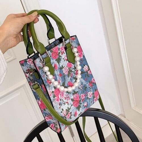 Rose Print Pearl Tote Bag 2021 Fashiona New High-quality Denim Womens Designer Handbag High Capacity Shoulder Messenger Bag