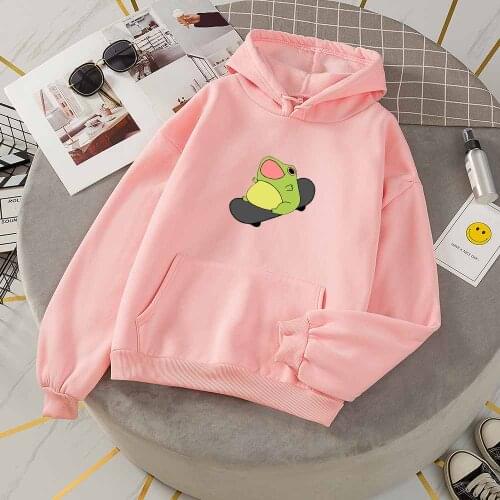 Womens Hoodie Cute Frog Kawaii Sweatshirt Harajuku Jacket Women Kpop Top Animal Print Cute Clothes Warm Long Sleeve Pullovers