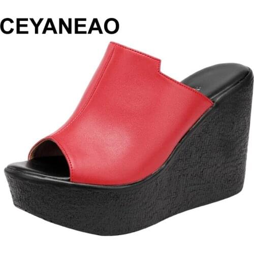 CEYANEAONew 2021High Heels Womens Slippers Open Toe Ladies Summer Shoes Platform Wedge Slippers Female Casual Shoes Outside Red