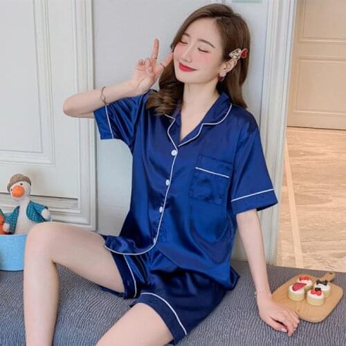 2 Pieces Faux Silk Satin Pajamas Set Autumn Women Silky Skin Friendly Nightwear Simple Comfortable Home Long Sleeve Clothes