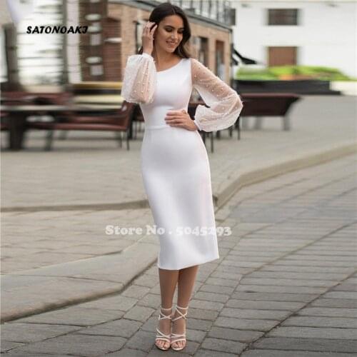 Short Satin Mermaid Wedding Dresses Pearls Long Sleeve Bridal Gowns Tea-Length Simple Vestido De Noiva Robe Mariage Undefined