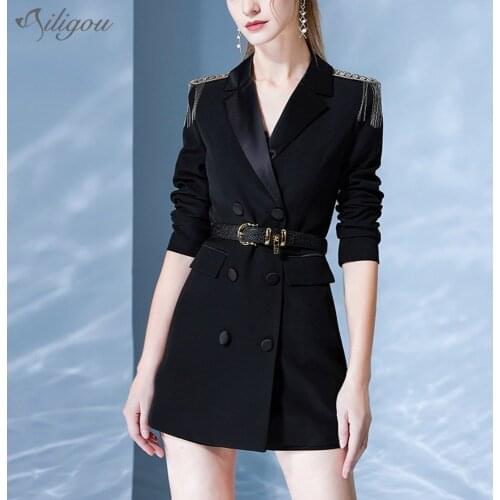 Ailigou Womens Black Blazer Dress Autumn Office Dress Elegant Rhinestone Tassel Chain Belt Double Breasted Sexy Mini Dress