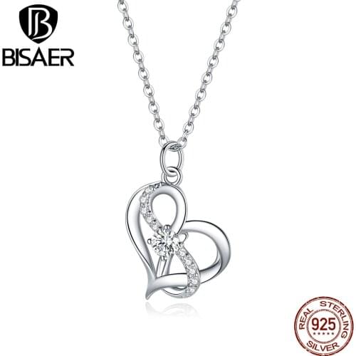 Bisaer 925 Sterling Silver Heart to Heart Necklace for Women Wedding Gift WOSTU Infinity Necklace Love Fine Jewelry ECN442