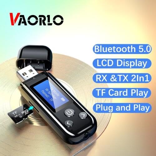 VAORLO LCD Display Bluetooth 5.0 Receiver Transmitter For Headphone TF Card Playing With 3.5mm AUX Stereo Music With Microphone