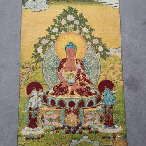 36 inch Silk embroidery Shakyamuni Amitabha Buddha Tathagata Bowl Thangka Paintings Mural