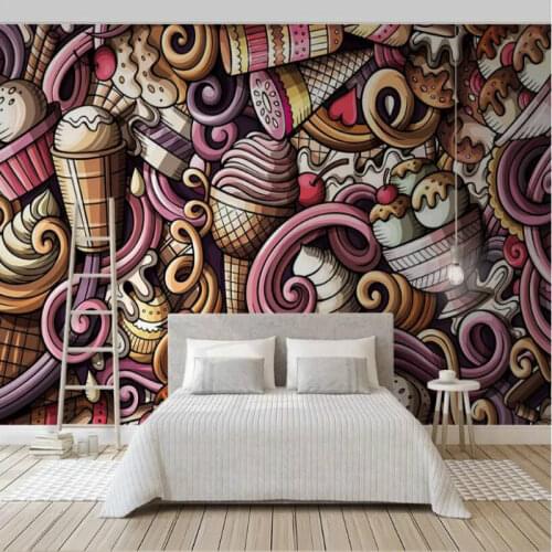Hand drawn cartoon ice cream 3D Wallpaper for Walls Cold drink restaurant tea bar KTV background wallpapers mural decoration