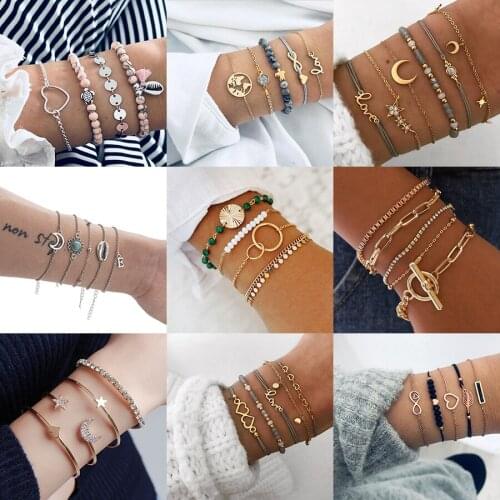 Punk Chain Bracelets Fashion Bohemia Moon Stars Women Bracelets Crystal Beads Bangles Sets Multi-Layers Boho Bracelets Jewelry