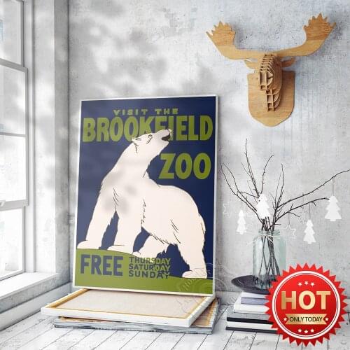 1936 Free Visit Brookfield Zoo Chicago Publicity Poster, Vintage Style White Bear Art Prints, Zoo Old Advertising Wall Stickers