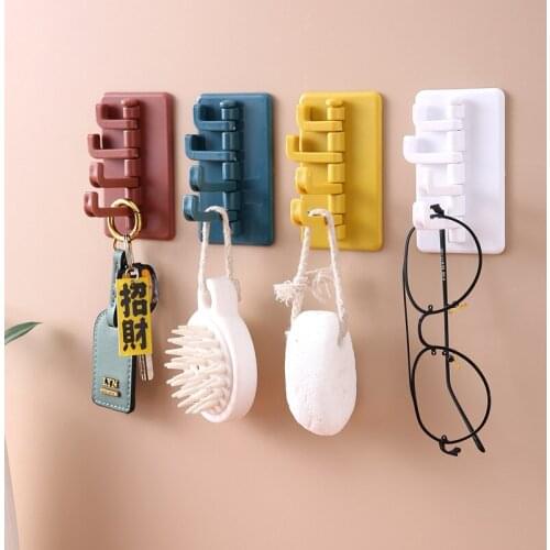 Creative Nordic Rotating Hook Solid Color Four-Row Sticky Hook Bathroom Kitchen Wall Punch-Free Storage Rack