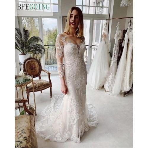 Ivory Lace Tulle Long Sleeveless Scoop Floor-Length Mermaid/Trumpet Wedding Dresses Chapel Train Bridal Gowns Custom Made