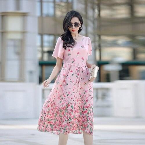 Summer Loose Dress Women Plus Size M-3XL 2021 NEW Round Neck Short Sleeved Flowers Print Lace-Up Casual 100% Silk Dress Midi