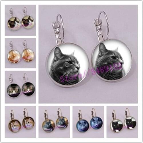Cute Furry Cat Stud Earrings Naughty Little Cat Glass Cabochon French Hook Earrings I Love My Cat Women Earrings