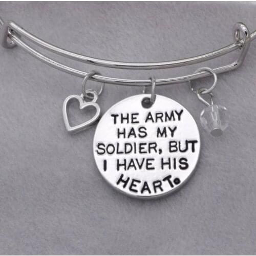 Fashion adjustable bracelet crystal Jewelry hollow heart The army has my solder, but I have his heart pendant Bangle B173