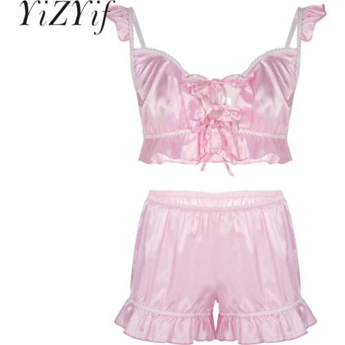 Mens Sissy Crossdresser Nightwear Satin Lingerie Set Pajama Set Sleepwear Lace-up Front Ruffled Bra Tops with Shorts Erotic Set