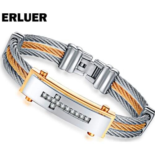 ERLUER Mens Bracelet 3 Rows Wire Chain Bracelets Bangles Fashion Punk Stainless Steel Cross Bracelet Men Christian Men Jewelry