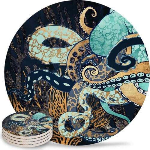 Octopus Round Coaster Set Non-slip Heat Proof Ceramic Coffee Drink Coasters Table Decoration Placemats