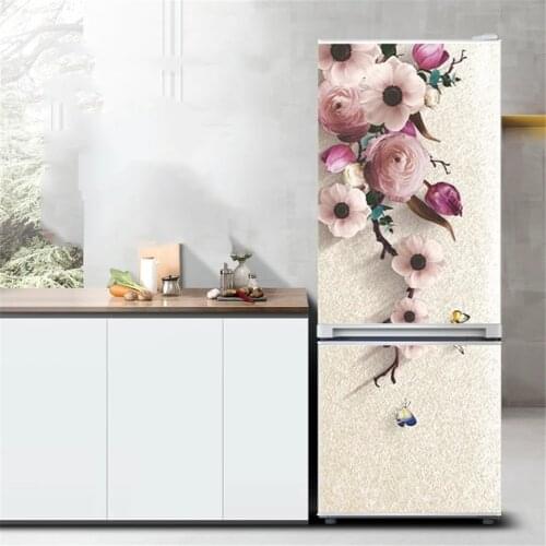 Flower Refrigerator Sticker PVC Peel and Stick Wallpaper Home Decor Mushroom House Door Mural Waterproof Kitchen Fridge Design