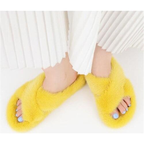 2021 New Fashion Winter 100% Mink Fur Slippers Fluffy Sandals For Women Warm And Soft To Put On Cross Tie Flat Heel Slippers