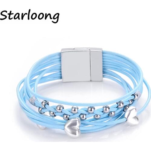 New Trendy Heart Charm Alloy CCB Beads Multilayer Geniune Leather Cord Magnetic Clasp Bracelets Bangles Women and Men Jewelry