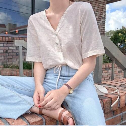 Casual Women short sleeve Tops Embroidery Lace Shirt Linen Cotton Girls Blouse New Summer Women Blouses White femme Blusa