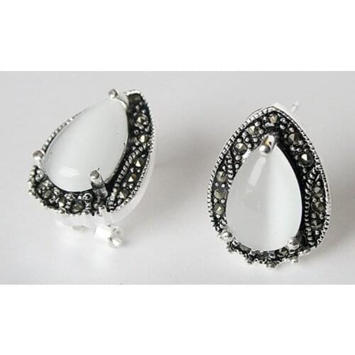 Free Shipping VINTAGE 925 STERLING SILVER BLACK Natural Stone AND WHITE OPAL MARCASITE EARRINGS 15X19MM