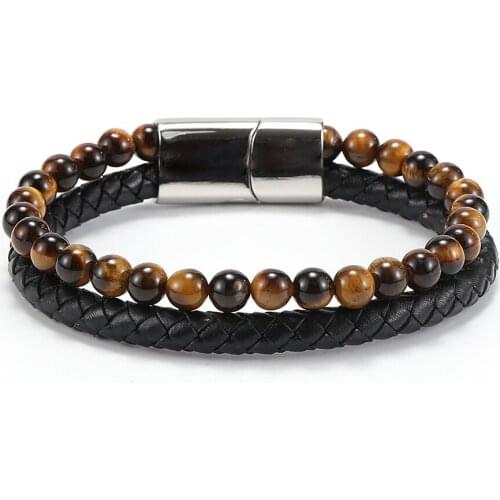 Vintage Mens Jewelry Black Genuine Leather & Natural Stone Beads Wrap Bracelet Stainless Steel Magnetic Buckle Homme Wristband
