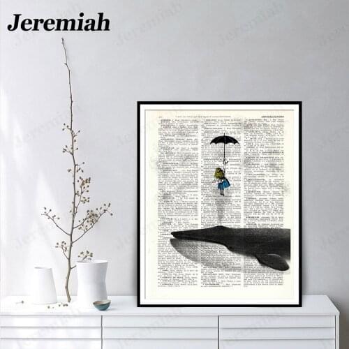 Vintage Animals and People Canvas Poster Umbrella and Whale English Alphabet Background Wall Abstract Art Picture Print