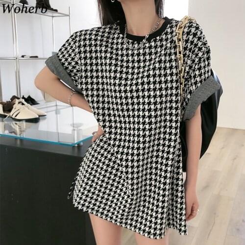 Woherb Vintage Plaid T-shirt Women Korean Chic Casual All Match Short Sleeve Tops T Shirts 2021 Summer Streetwear Vintage Tee