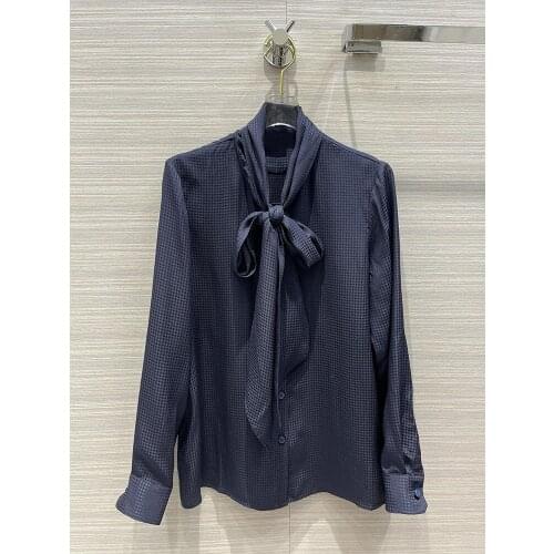 2021 Blouse High-end Silk Early Spring Women Luxury Brand New Elegant Commuter Houndstooth Jacquard Lace-up Collar Loose Blouses